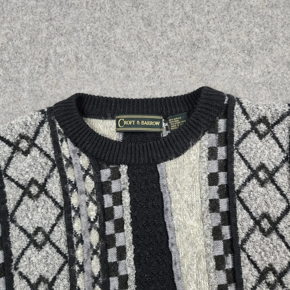 Vintage‎ Croft & Borrow Sweater Mens Large Gray Black 3D Knit 90s Sweatshirt